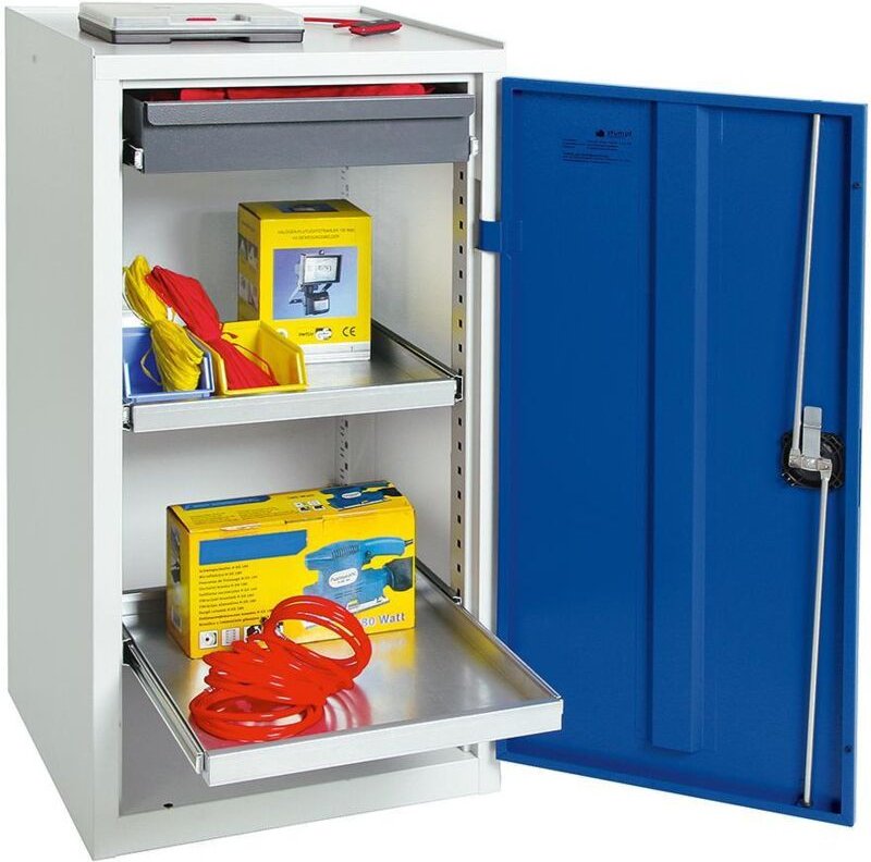 Werkzeug- und Materialschrank Serie 3000 lichtgrau / enzianblau + 1 Schublade 100 mm + 2 Auszugsböden - 3001174 - Stumpf