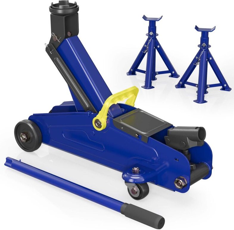Set aus Wagenheber + 2 Unterstellböcke, bis 2 t Hubkraft, Hubhöhe Wagenheber 135-335 mm, Arbeitshöhe Böcke 270-365 mm, A...