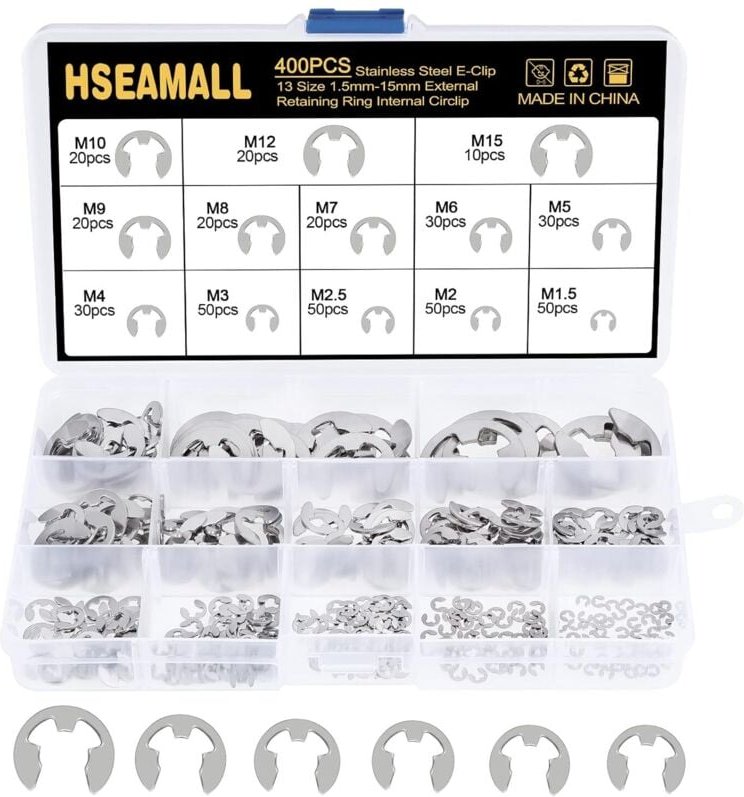 400-teiliges E-Clip-Sortiment aus Edelstahl in 13 Größen, externer Sicherungsring, Sprengring-Sortiment, interner Sicher...