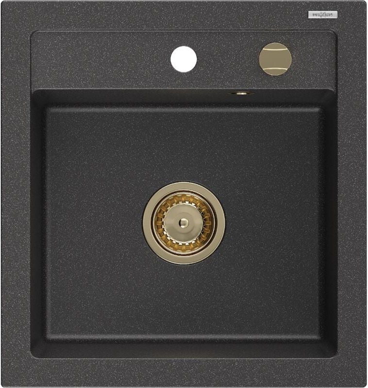 Vito 1-Becken-Granit-Spüle 520 x 490 mm, Schwarz gesprenkelt, Siphon Gold - 6503521000-76-G - Mexen