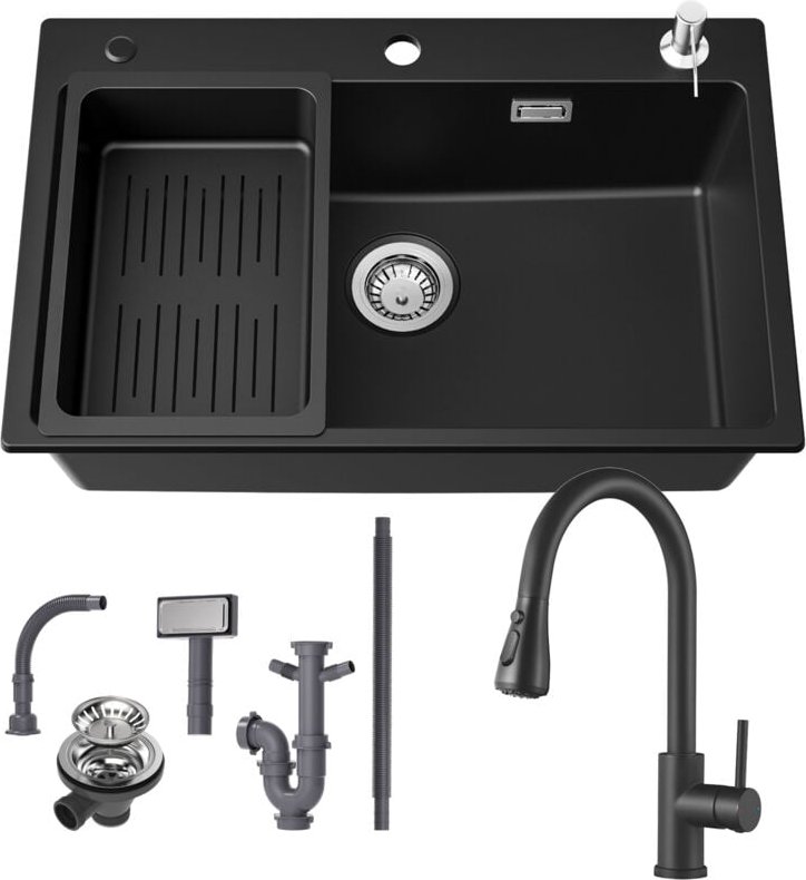 Cecipa Max - Granitspüle 70×45 cm Küchenspüle Granit + Ausziehbare Küchenarmatur, Aufsatz Spüle mit Abtropfkorb und Seif...