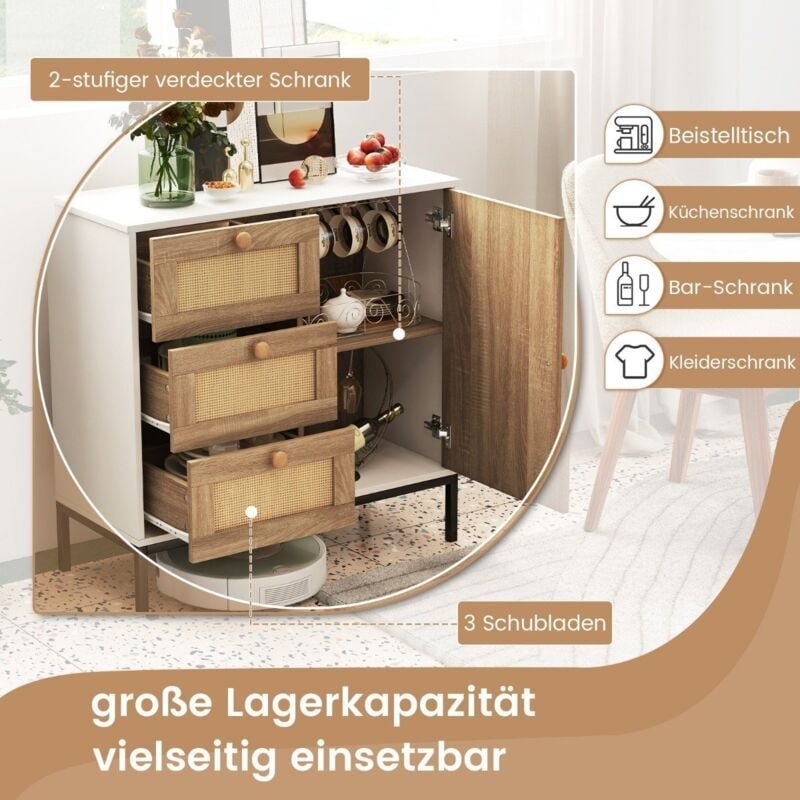 Northix - Sideboard rattan kommode mit 1 tur und 3 schubladen kuchenschrank 80 x 35 x 805 cm wei natur