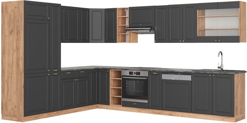 Vicco - Eckküche Fame-Line, Anthrazit Landhaus/Goldkraft Eiche, 347 x 257 cm ohne Arbeitsplatte