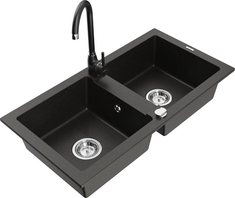 Mario 2-Becken-Granitspüle mit Mischbatterie Telma, Schwarz/Gold - 6504-75-670200-70 - Mexen