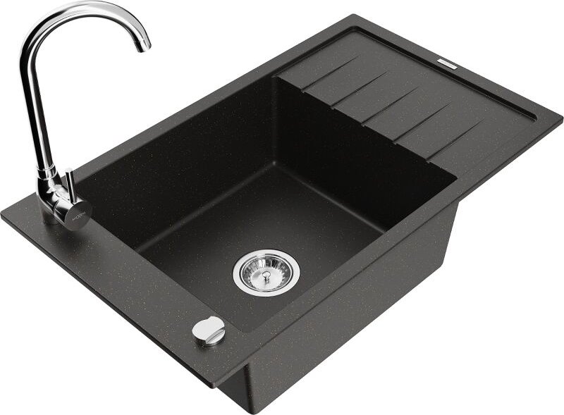 Elias 1 Becken-Granitspüle mit Abtropffl√§che und Mischbatterie Telma, Schwarz/Gold - 6511-75-670200-00 - Mexen