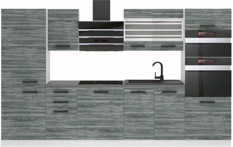 Küchenzeile Küchenblock Mila - Küchenmöbel 300 cm Einbauküche Vollausstattung ohne Elektrogeräten mit Hängeschränke und ...