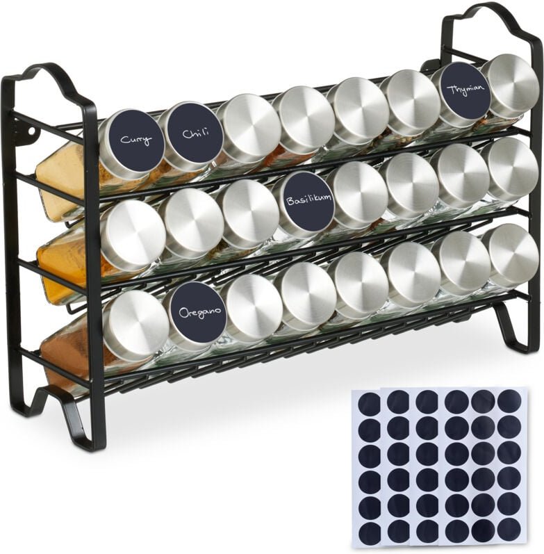 Relaxdays - Gewürzregal, 24 Gewürzgläser, Edelstahl Gewürzständer mit Etiketten, HxBxT: 25,5x38,5x12,5 cm, silber/schwar...
