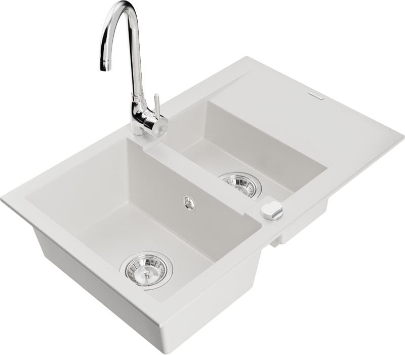 Mexen Gaspar 1,5-Becken-Granitspüle mit Abtropffläche und Mischbatterie Telma, Weiß - 6507-20-670200