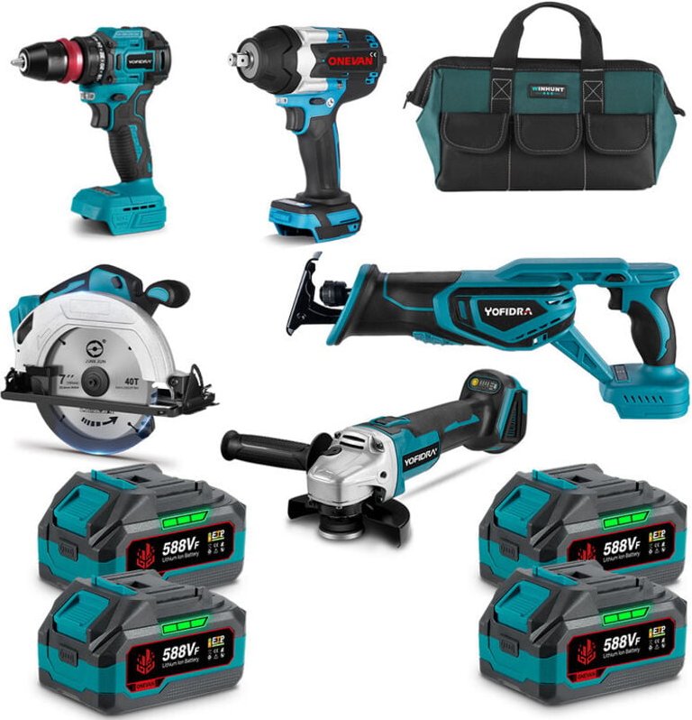 Onevan - 5 SET--125mm Winkelschleifer + 1800nm Elektroschrauber + 180mm Kreissäge +Bohrschrauber + Akku-Säbelsäge mit 4 ...