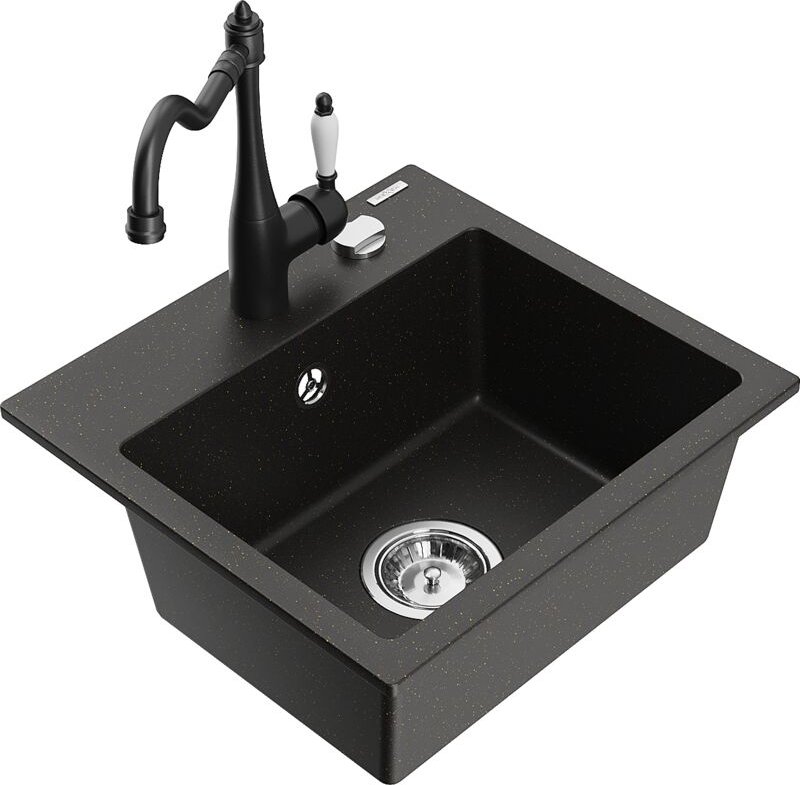 Mexen Milo 1-Becken-Granit-Spüle mit Mischbatterie Carla, Schwarz/Gold metallisch - 6505-75-670700-7