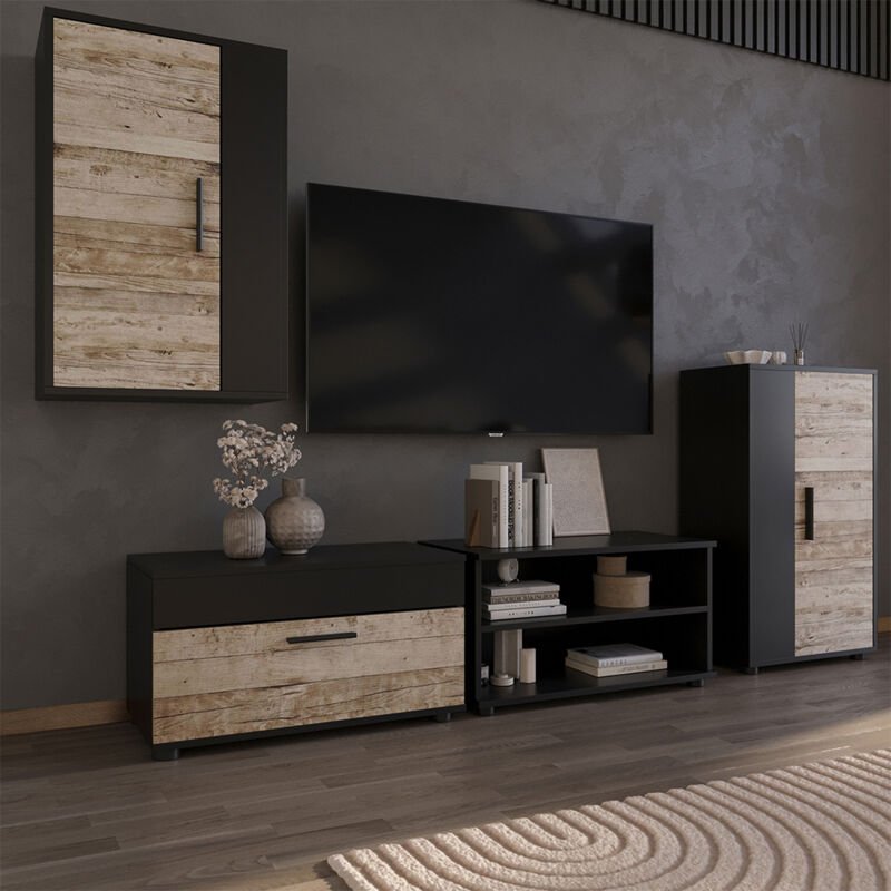 Wohnzimmerschränke Berno, Schwarz/Sandeiche, 2 Teile, Vicco