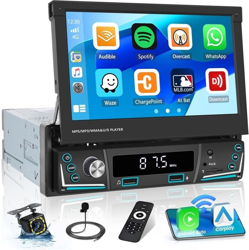 Kabelloses Carplay-Autoradio, 7 Zoll, einziehbarer Touchscreen, 1 Din, kabelloses Android Auto-Autoradio, Bluetooth, FM-...