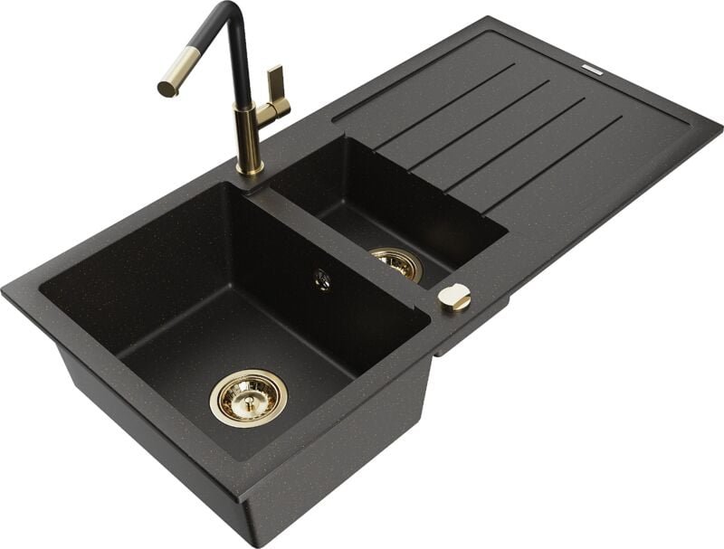 Andres 1,5-Becken-Granitspüle mit Abtropffläche und Mischbatterie Flora, Schwarz/gold - 6515-7 - Mexen