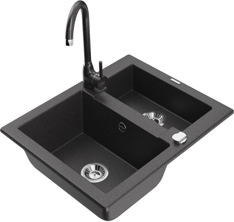 Carlos 1,5-Becken-Granitspüle mit Mischbatterie Telma, Schwarz gesprenkelt - 6518-76-670200-76 - Mexen