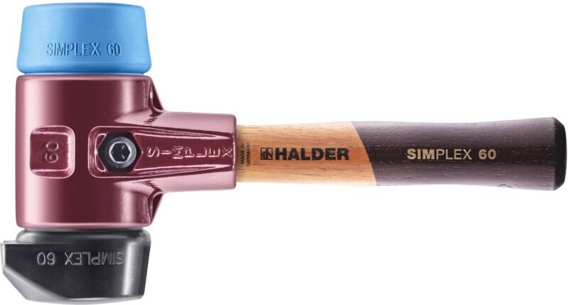 Simplex Schonhammer ø 60 mm Gummi schwarz / TPE-soft blau mit Standfuß kurzer Stiel mit Tempergussgehäuse - Halder