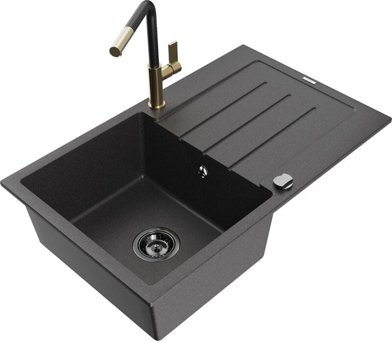 Bruno 1 Becken-Granitspüle mit Abtropffläche und Mischbatterie Flora, Schwarz gesprenkelt - 65 - Mexen