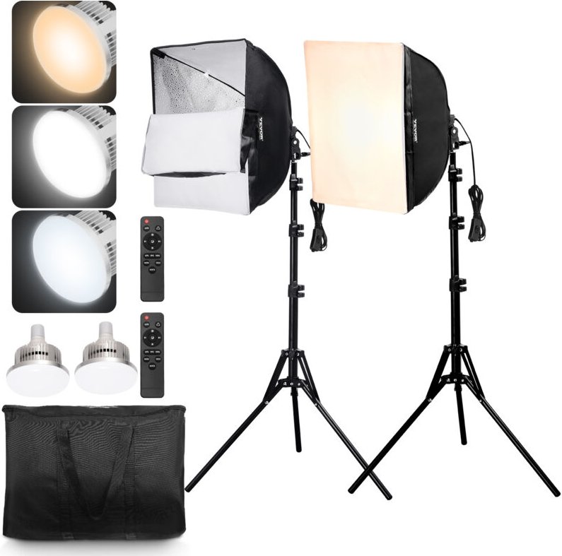 Softbox-Set, 400 x 400 mm, Profi Fotostudio Set mit 45 w LED-Birnen, 3000–6500 k einstellbare Farbtemperatur, Stativstän...