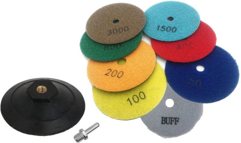 Trade-shop - set (10-teilig): Ø100mm Diamant Schleifscheiben - buff, 50, 100, 200, 400, 800, 1500, 3000 / inkl. Aufnahme...
