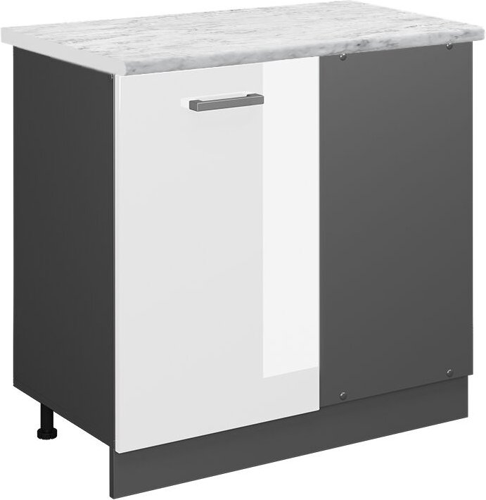 Eckunterschrank R-Line, Weiß Hochglanz, 86 cm AP Marmor, Vicco