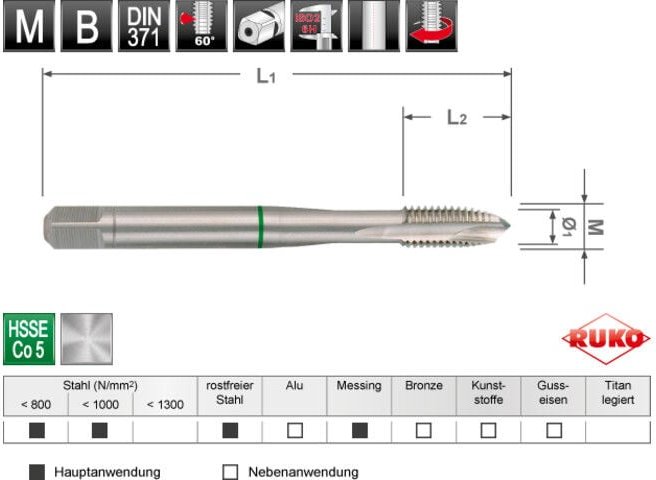 Ruko - Maschinengewindebohrer m din 371 HSSE-Co 5 mit verstärktem Schaft Form b m 8 - 2325080E