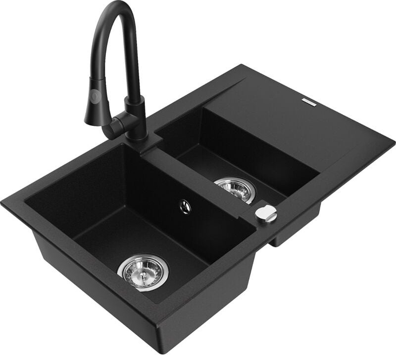 Gaspar 1,5-Becken-Granitspüle mit Abtropffläche und Mischbatterie Elia, Schwarz - 6507-77-6701 - Mexen