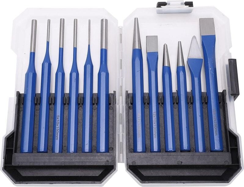 12-teiliges Set mit flachen, zylindrischen, konischen Meißeln und blauem Griff, Gravur- und Stanzwerkzeuge für Schnitzbe...