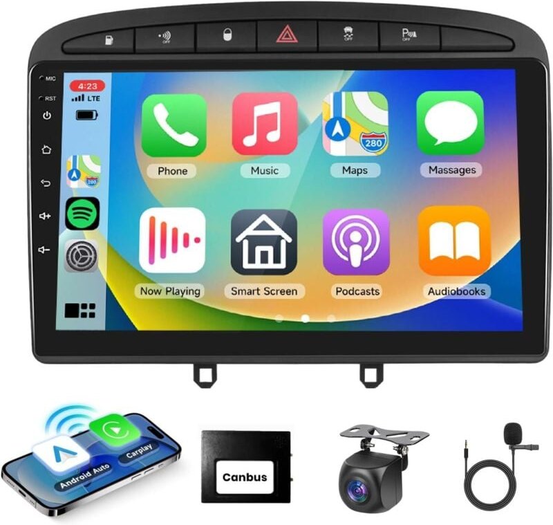 Carplay-Autoradio für Peugeot 308/408 2007–2013, 9-Zoll-Touchscreen-Autoradio mit kabellosem Apple Carplay Android Auto,