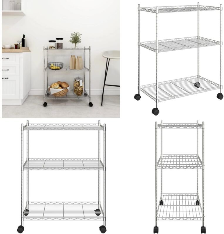 Lagerregal mit 3 Böden und Rollen 60x35x81 cm Verchromt 150 kg - Industrieregal - Metallregal - Lagerschrank - Werkzeugs...