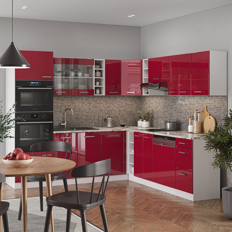 Vicco - Eckküche R-Line, Bordeaux Hochglanz/Weiß, 237 x 60 cm , ap Marmor