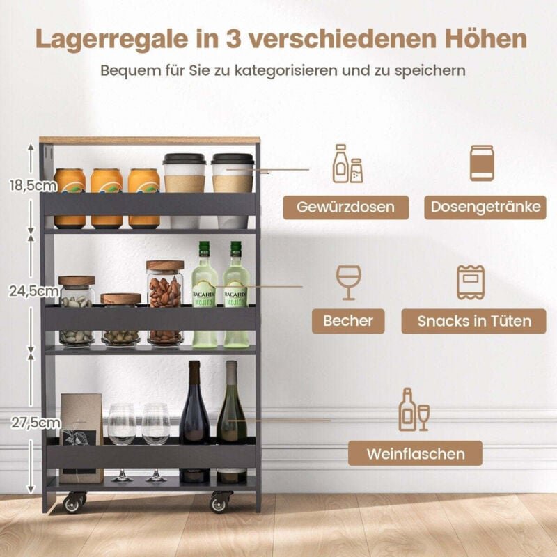 Northix - 4 ebenen nischenregal auf rollen aus holz mit griff kuchenwagen 475 x 20 x 805 cm grau natur