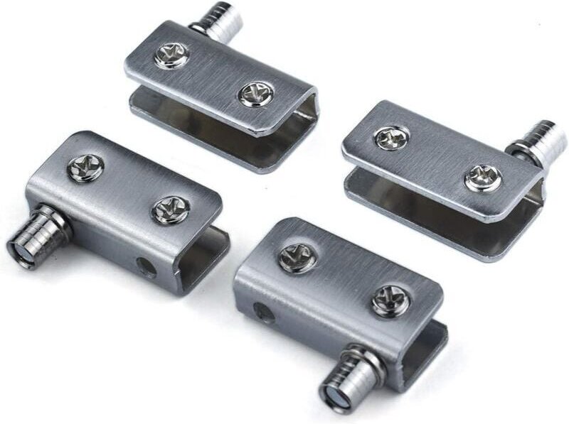 4 Stück Glastürscharniere, 90°-Schwenkscharnier, stanzfreies Glas, Edelstahl, geeignet für 5–8 mm dickes Glas mumu