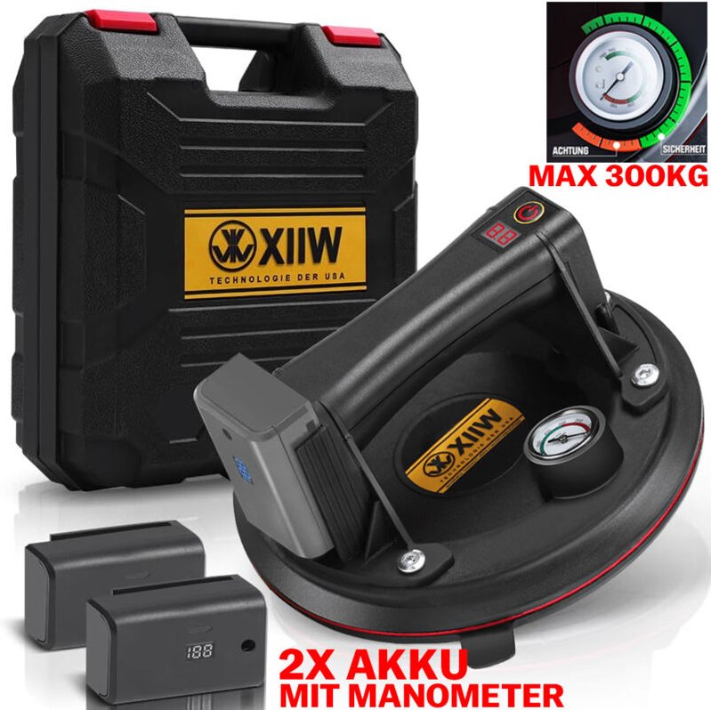 Xiiw - Saugheber mit 2x Akku Glassauger max 300kg Glasheber Vakuumheber Sauggriff 8' Saughalter mit Barometer
