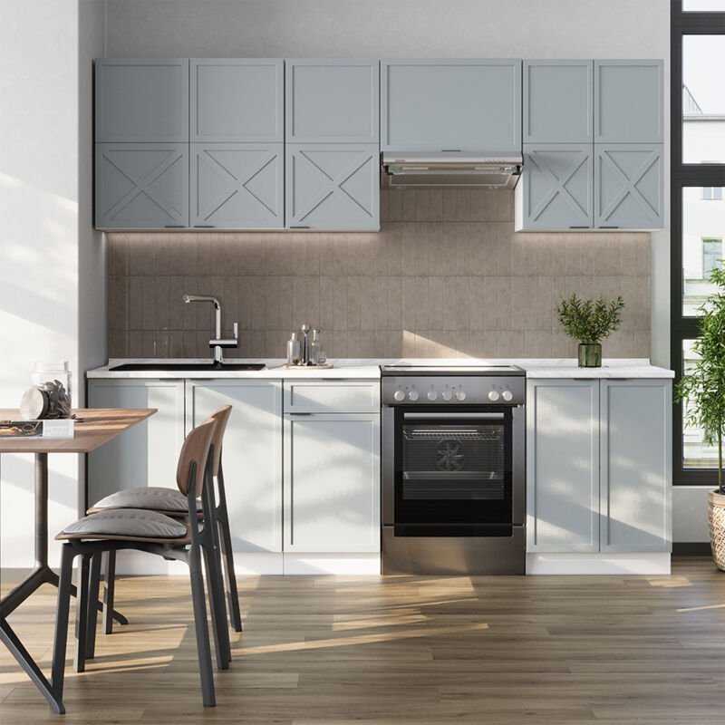 Küchenzeile Fame-Line, Hellblau-grau/Weiß, 240 cm , AP Marmor, Vicco