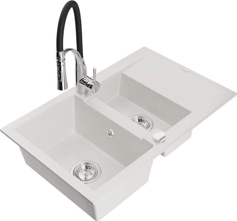 Gaspar 1,5-Becken-Granitspüle mit Abtropffl√§che und Mischbatterie Aster, Wei√ü - 6507-20-73450-07 - Mexen