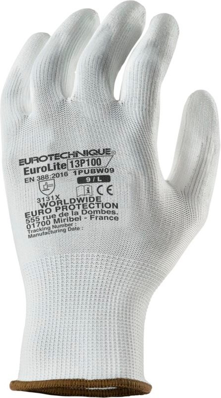 Set aus 10 Paar Arbeitshandschuhen EUROLITE 13P100 Polyester weiß mit End-PU weiß Größe 7