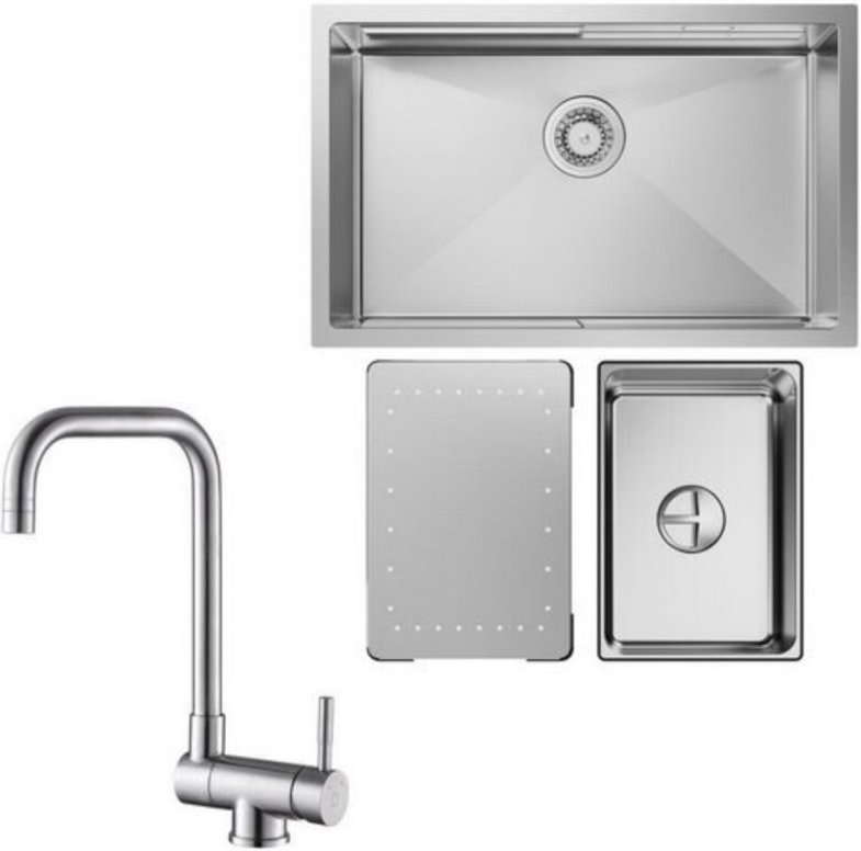 Küchenspüle 1.5 Becken 70x44cm EdelstahlSpüle Gebürstete Unterbauspüle + Fenster-Küchenarmatur Gebürstete Küche Wasserha...