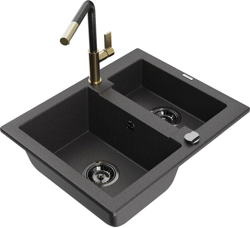 Mexen Carlos 1,5-Becken-Granitspüle mit Mischbatterie Flora, Schwarz gesprenkelt - 6518-76-670401-75