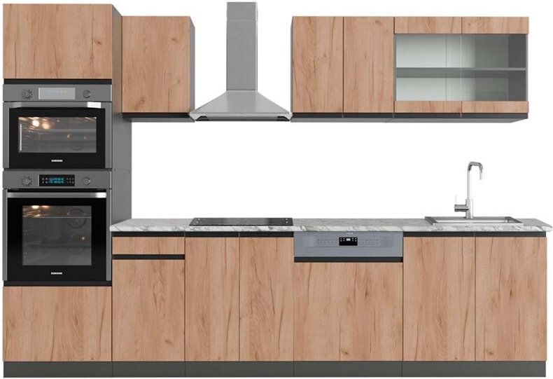 Thumbnail - Vicco - Küchenzeile R-Line, Goldkraft Eiche/Anthrazit, 300 cm mit Hochschrank, ap Marmor