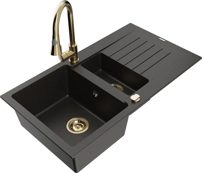 Mexen Matias 1,5-Becken-Granitspüle mit Abtropffläche und Mischbatterie Elia, Schwarz/Gold metallisch - 6502-75-670101-5...