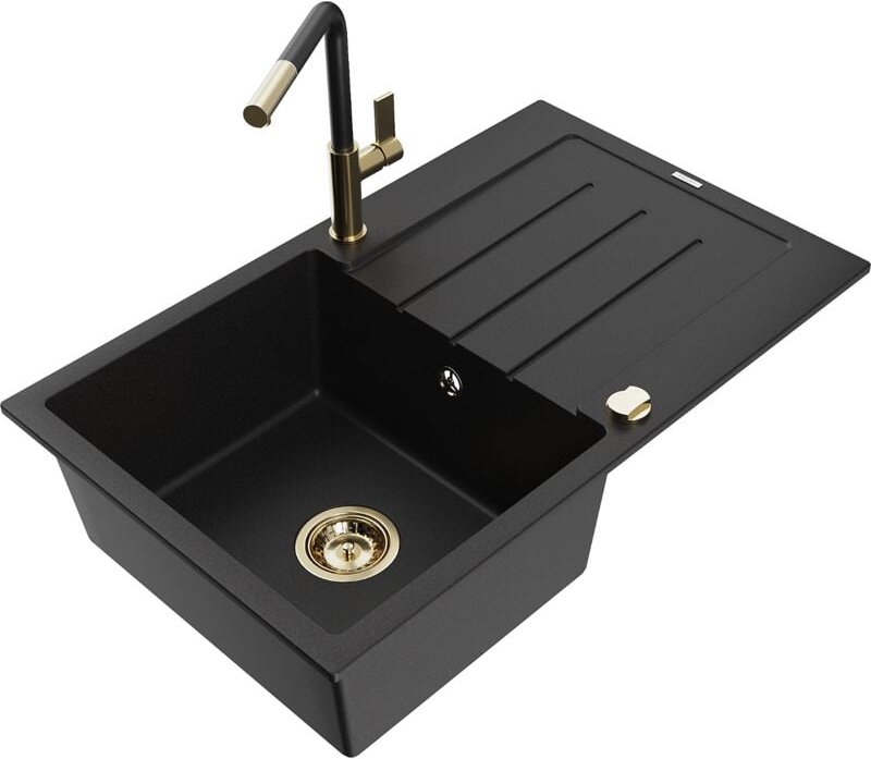 Mexen Bruno 1 Becken-Granitspüle mit Abtropffläche und Mischbatterie Flora, Schwarz - 6513-77-670401