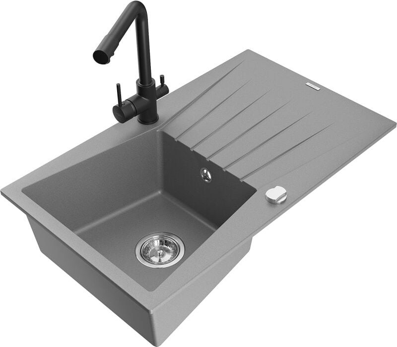 Cesar 1 Becken-Granitspüle mit Abtropffl√§che und Mischbatterie Duero, Grau - 6514-71-671600-70 - Mexen