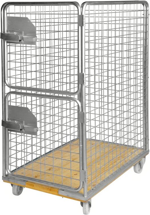 Kongamek Rollcontainer verzinkt 1200x750x1700mm mit Holzboden, 4 Gitterwänden 65x65mm und 2 halb öffnende Türen ohne Bre...