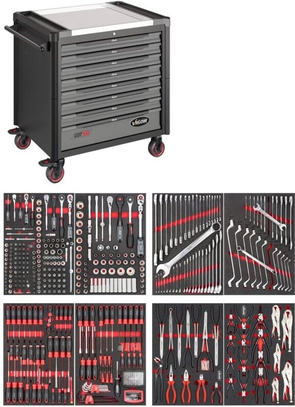Werkstattwagen Series xd, extratief, Edelstahl-Arbeitsplatte, mit Sortiment, Anzahl Werkzeuge: 469 - Vigor
