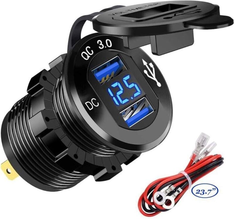 USB-Schnellladegerät fürs Auto, zwei QC3.0-USB-Anschlüsse, 12 V/24 V, 36 W, wasserdicht, mit digitalem LED-Voltmeter für...