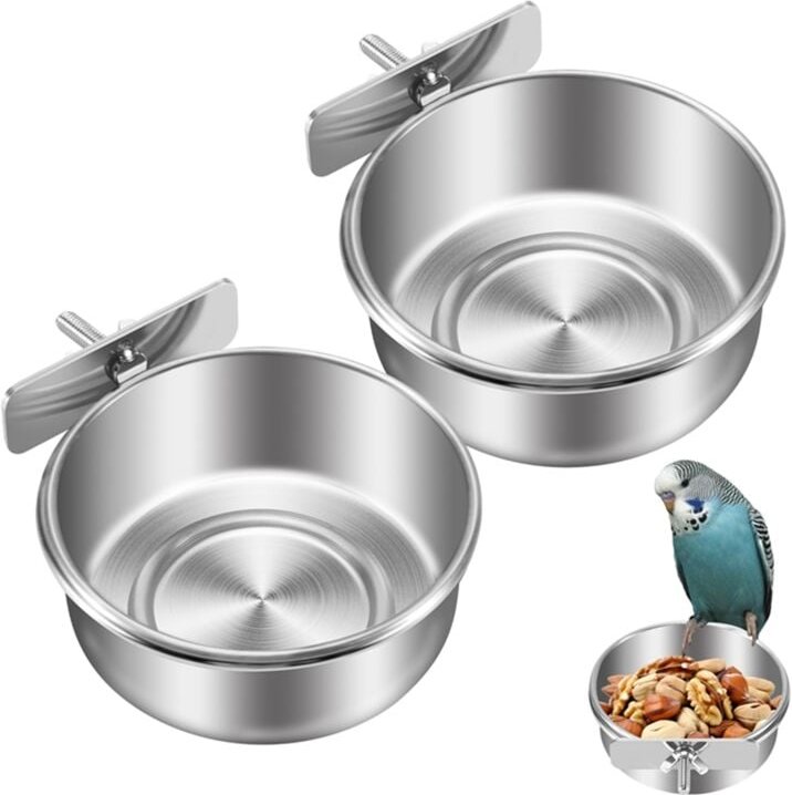 2Er Pack VogelkäFig Futter Wasserspender Papageienfutter Teller VogelhäUschen Tasse für KäFig, Edelstahl Vogelfutterhalt...