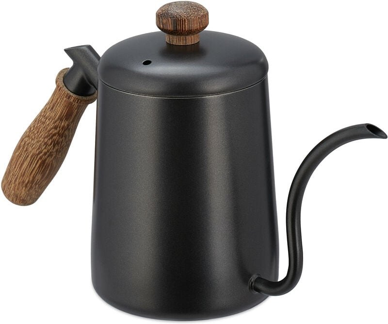 Relaxdays - Teekanne, Edelstahl, Eichenholz-Griff, Messskala, Volumen 550 ml, Kanne mit Deckel, Teekrug, anthrazit/braun