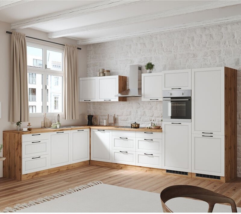 Winkelküche 360/240 cm mit E-Geräten in weiß und Eiche, Arbeitsplatte in Eiche, MONTERREY-03