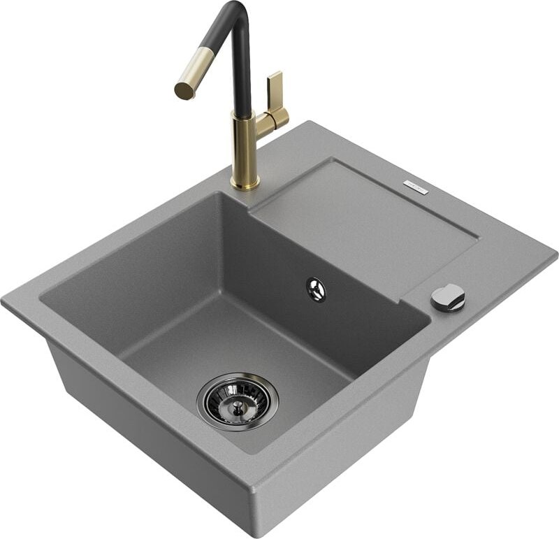 Enzo 1 Becken-Granitspüle mit Abtropffläche und Mischbatterie Flora, Grau - 6506-71-670401-57- - Mexen