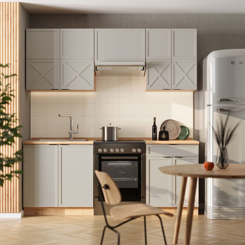 Küchenzeile Fame-Line, GrauBeige/Goldkraft Eiche, 200 cm , AP Anthrazit, Vicco