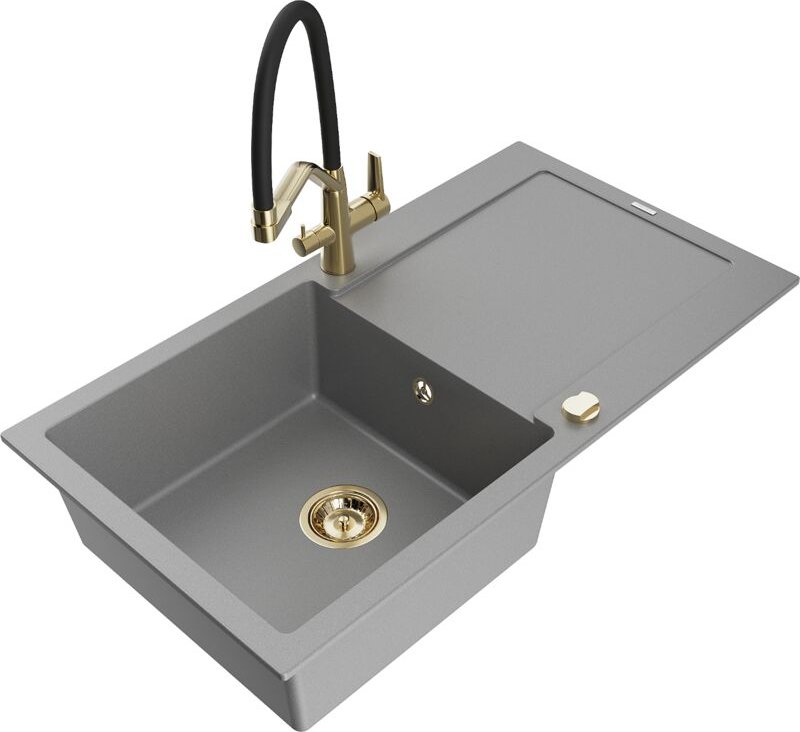 Thumbnail - Leo 1 Becken-Granitspüle mit Abtropffläche und Mischbatterie Duo, Grau - 6501-71-671701-57-G - Mexen